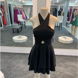 Alyce Paris short flirty gown with open back halter top